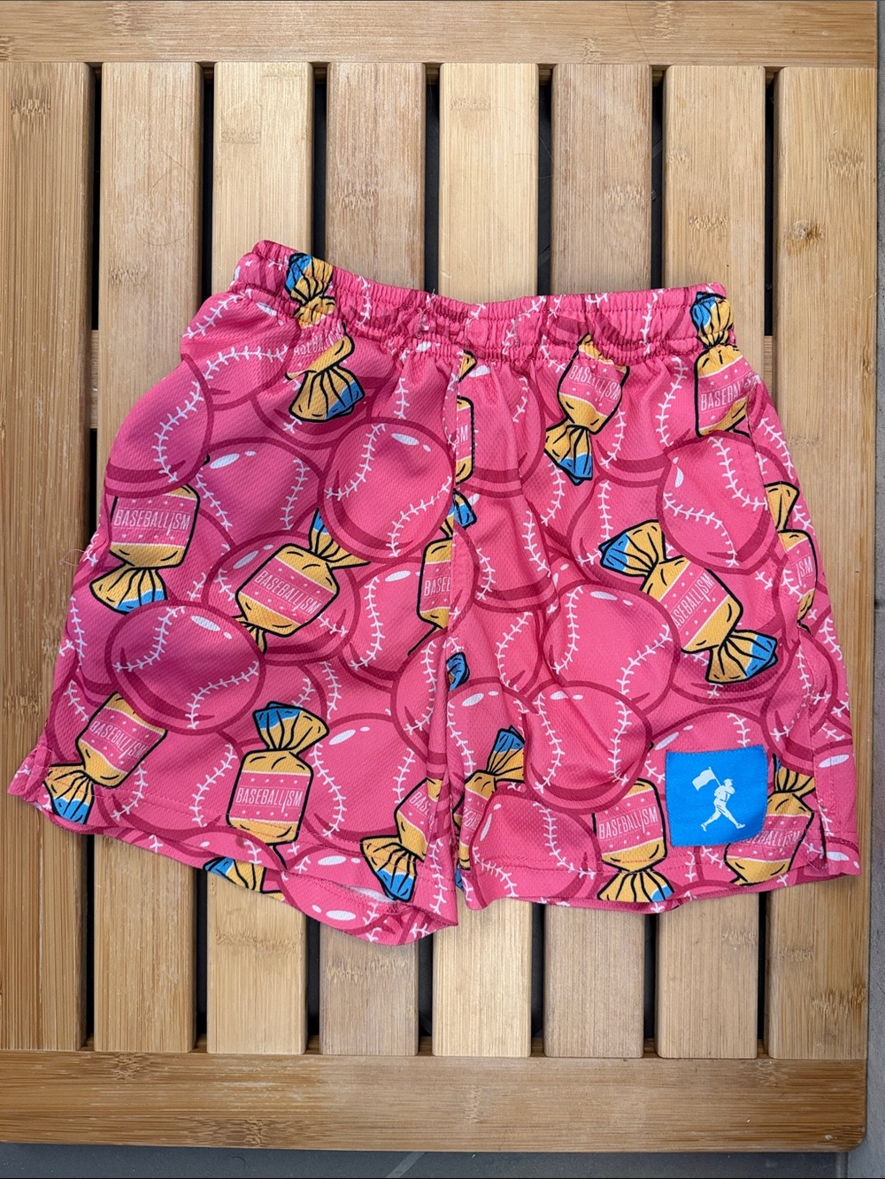 Kids Pink Baseball Candy Print Swim Trunks with Elastic Waist